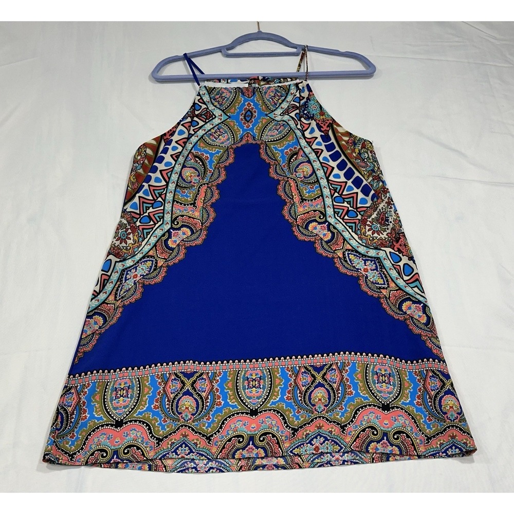 Paper Crane Woman's Boho Halter Mini Dress Royal Blue Paisley Lightweight Size S